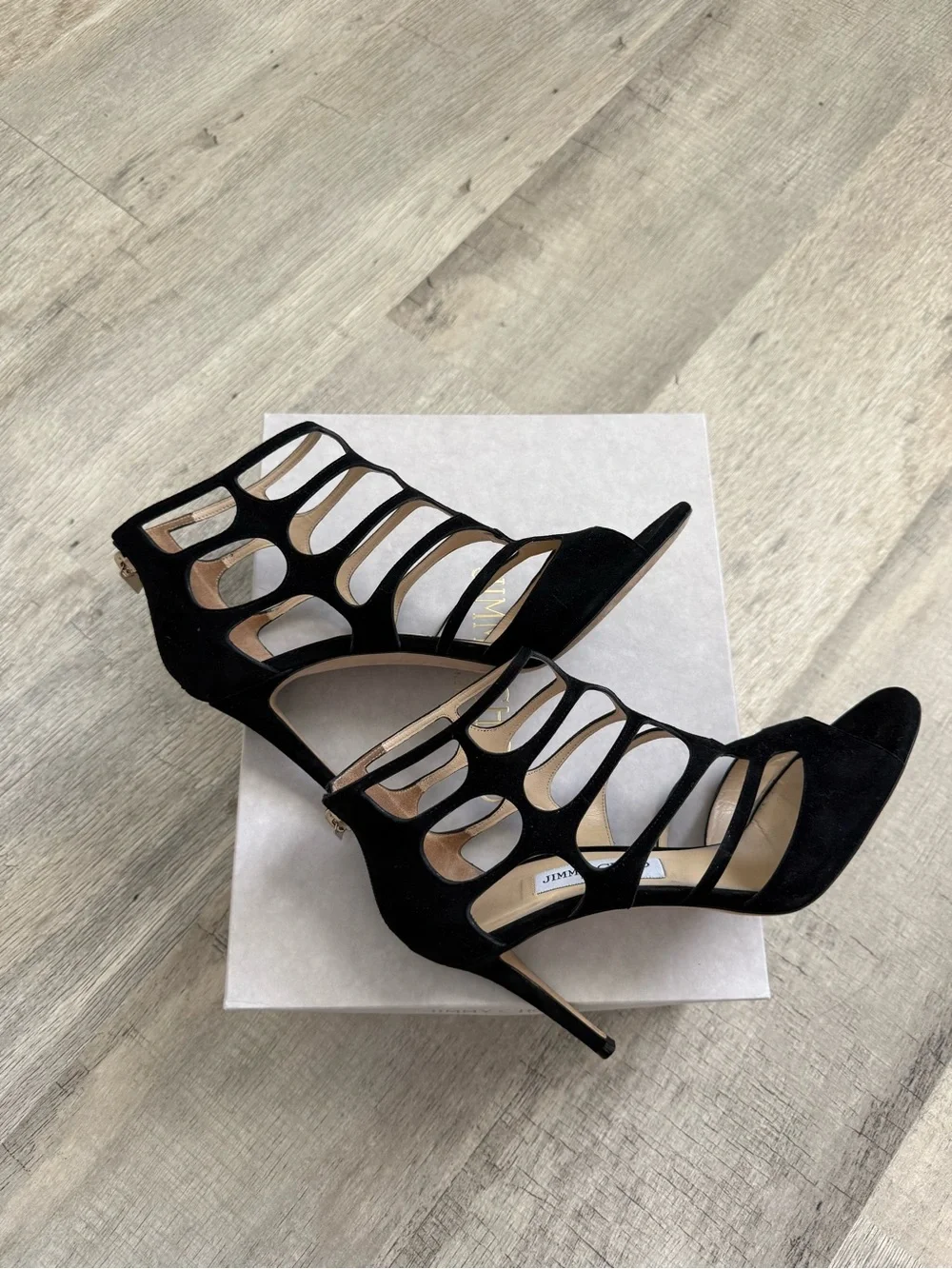 Jimmy Choo Black Suede Cage Stiletto Sandals